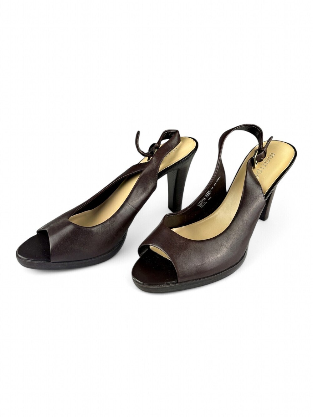 Maripe Brown Leather Peep-Toe Slingback Heels Size 10